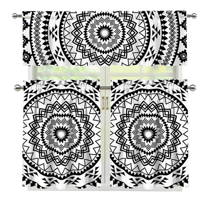 Black And White Tribal Mandala Print 3 Piece Kitchen Curtains