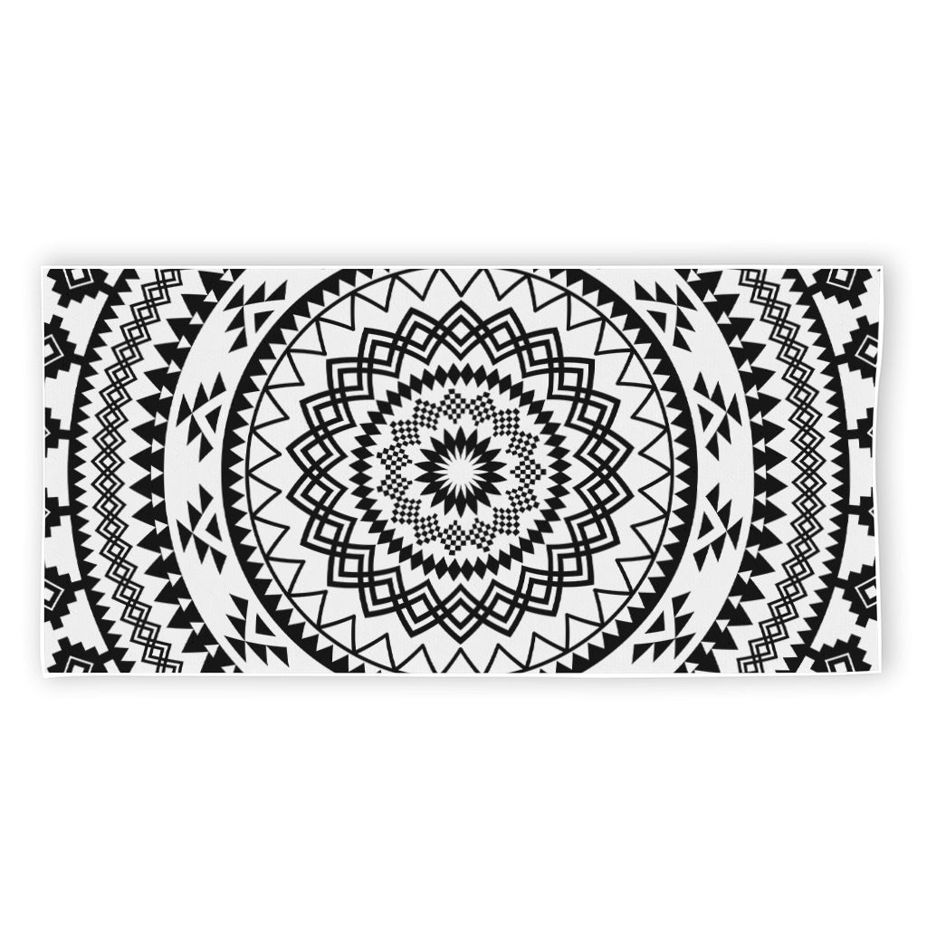 Black And White Tribal Mandala Print Beach Towel