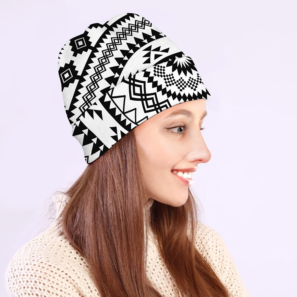 Black And White Tribal Mandala Print Beanie
