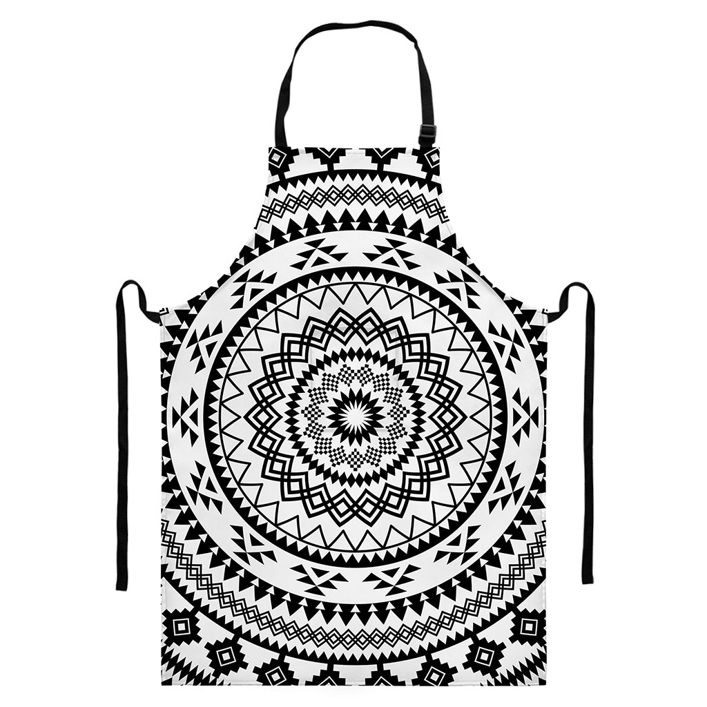 Black And White Tribal Mandala Print Bib Apron With Pocket