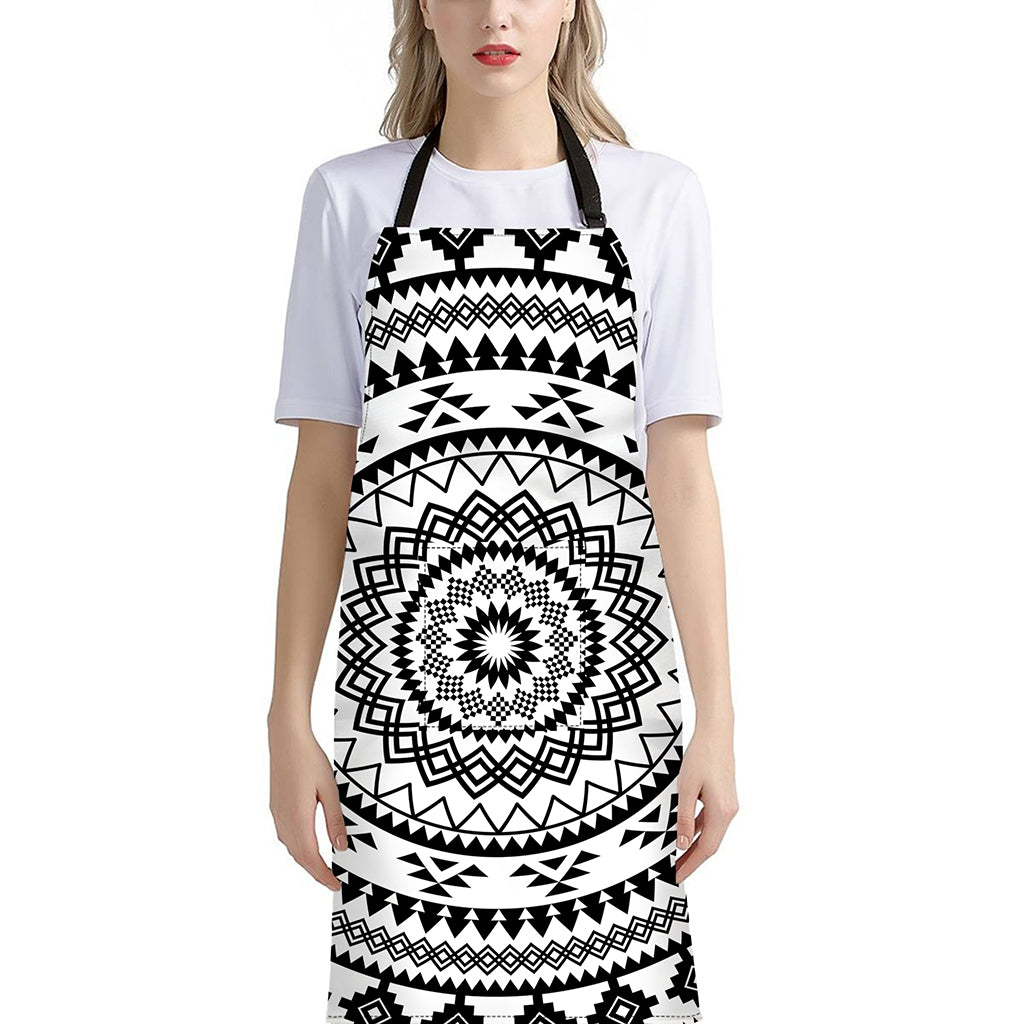 Black And White Tribal Mandala Print Bib Apron With Pocket