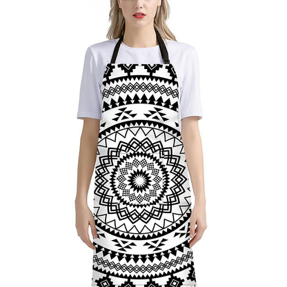 Black And White Tribal Mandala Print Bib Apron With Pocket