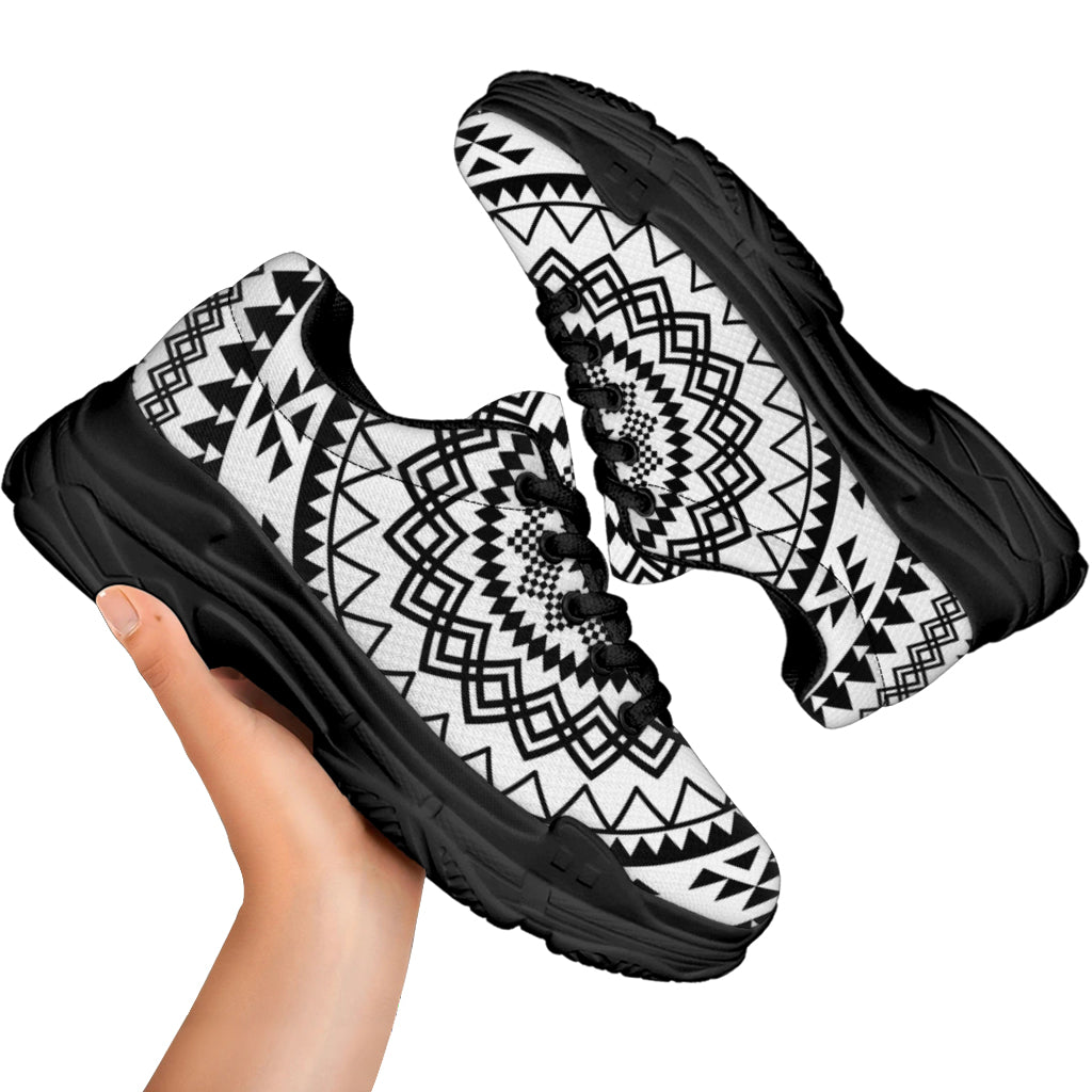 Black And White Tribal Mandala Print Black Chunky Shoes