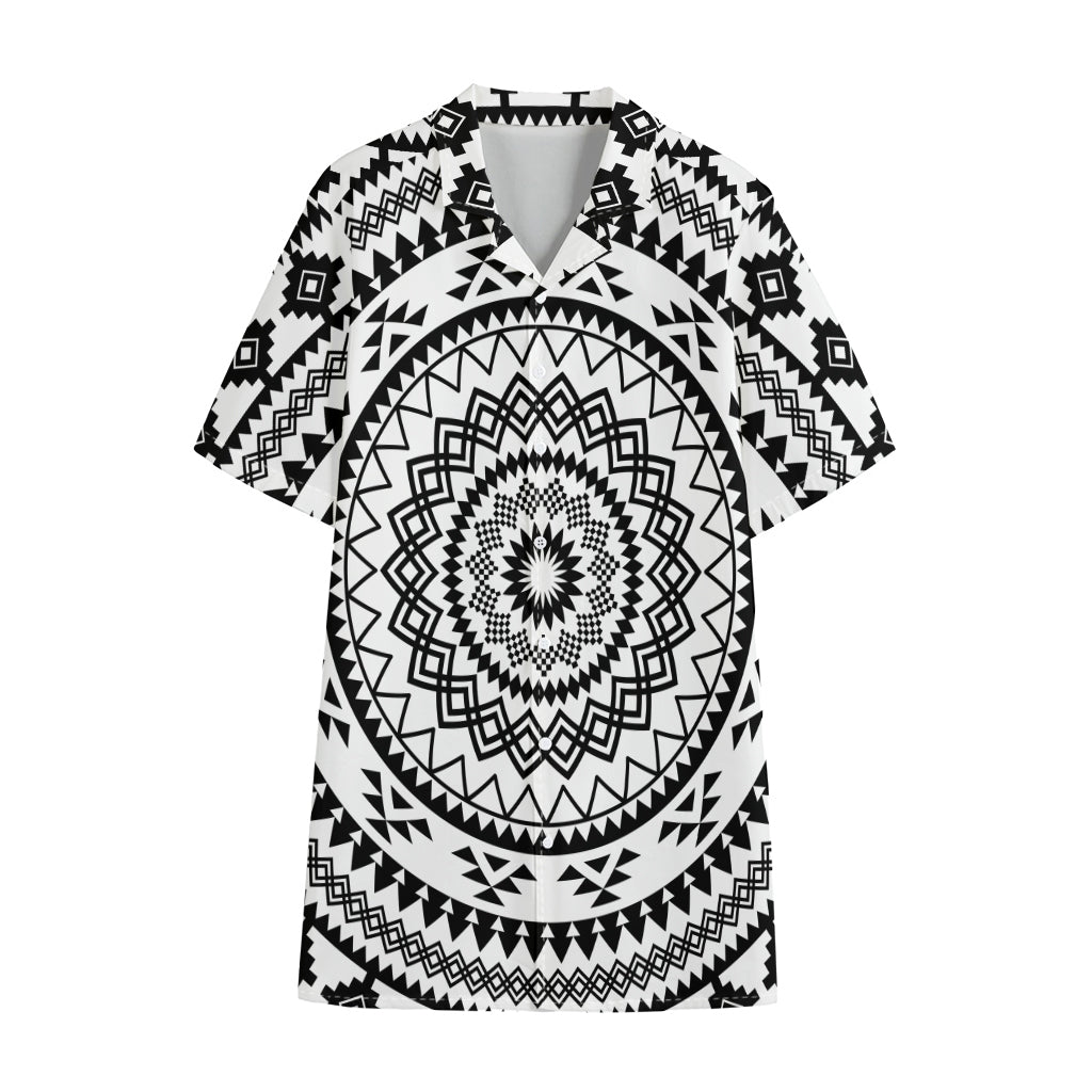 Black And White Tribal Mandala Print Cotton Hawaiian Shirt
