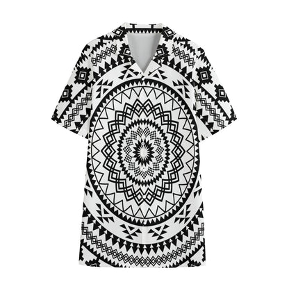 Black And White Tribal Mandala Print Cotton Hawaiian Shirt