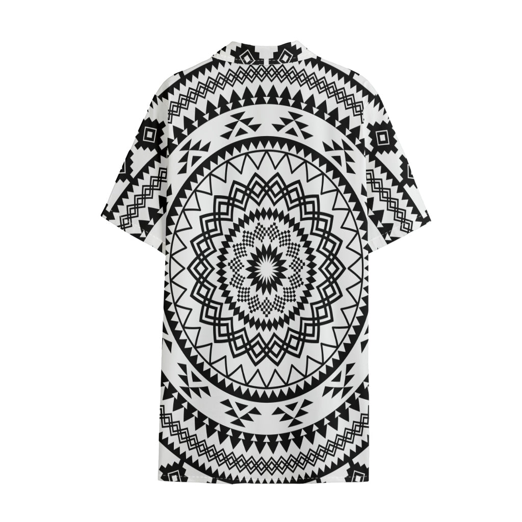 Black And White Tribal Mandala Print Cotton Hawaiian Shirt