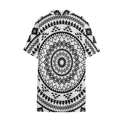 Black And White Tribal Mandala Print Cotton Hawaiian Shirt