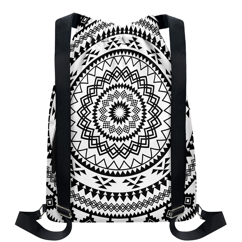Black And White Tribal Mandala Print Drawstring Backpack