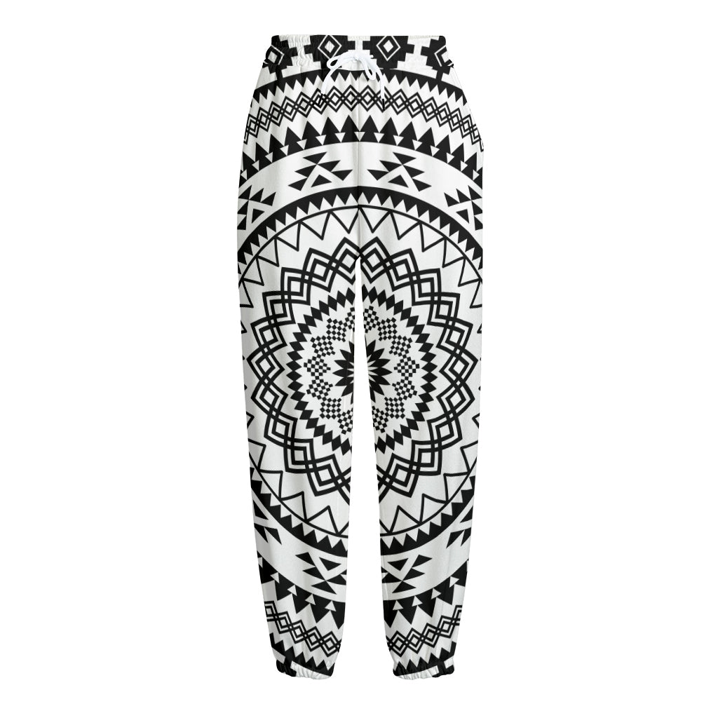 Black And White Tribal Mandala Print Fleece Lined Knit Pants