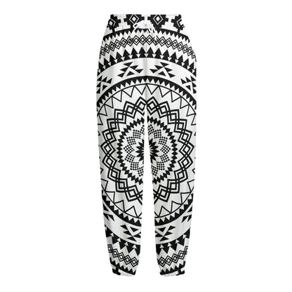 Black And White Tribal Mandala Print Fleece Lined Knit Pants