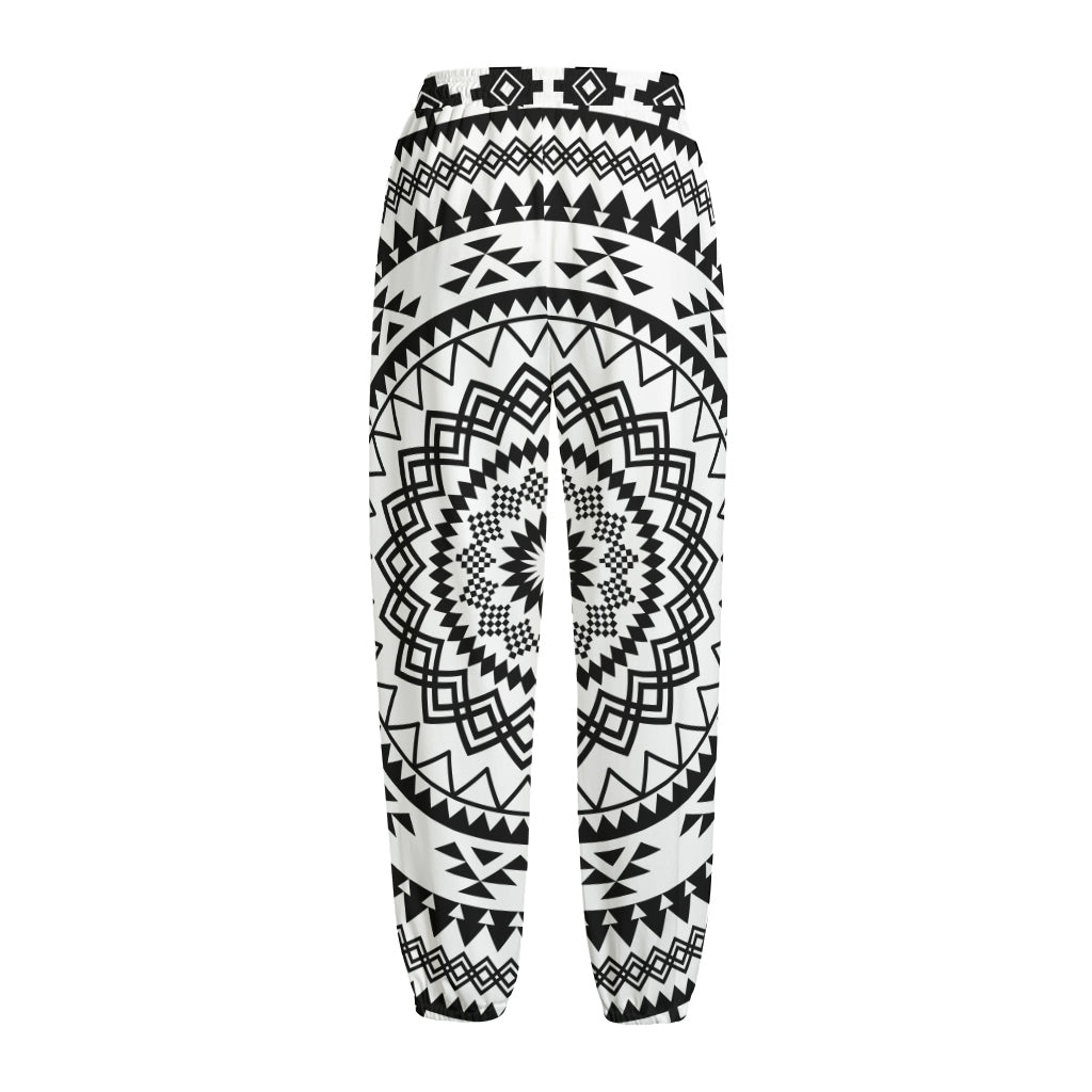 Black And White Tribal Mandala Print Fleece Lined Knit Pants