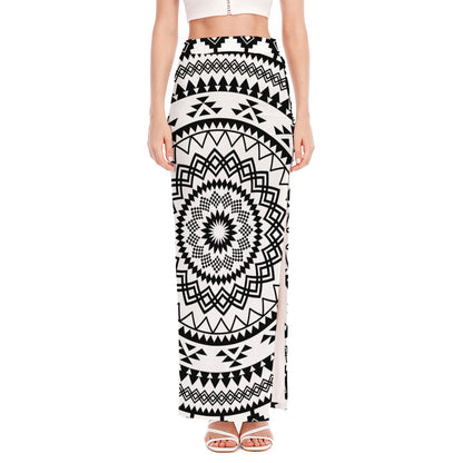 Black And White Tribal Mandala Print High Slit Maxi Skirt