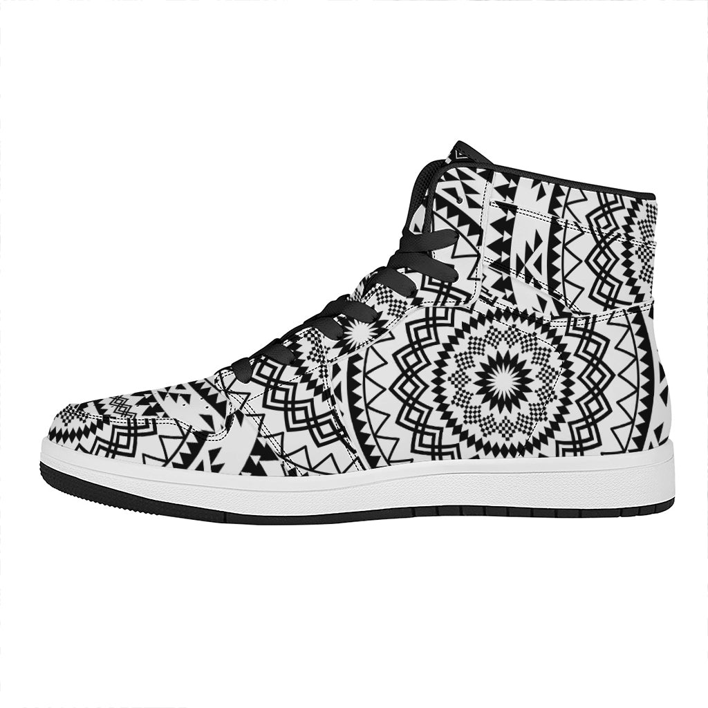 Black And White Tribal Mandala Print High Top Leather Sneakers