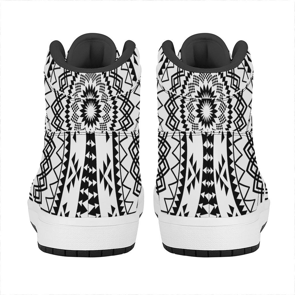 Black And White Tribal Mandala Print High Top Leather Sneakers