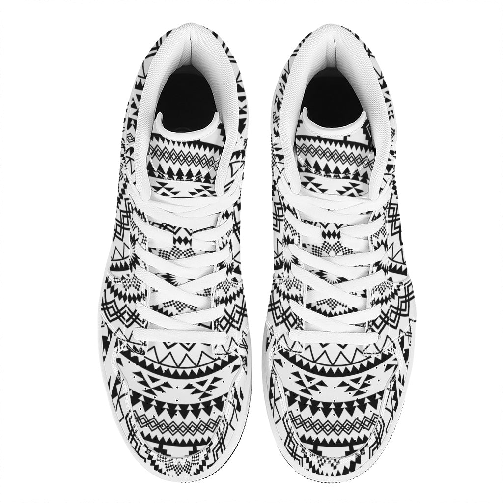 Black And White Tribal Mandala Print High Top Leather Sneakers