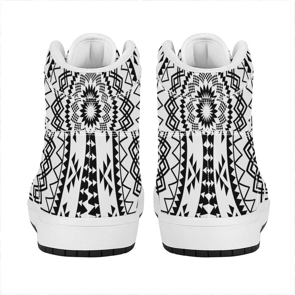 Black And White Tribal Mandala Print High Top Leather Sneakers