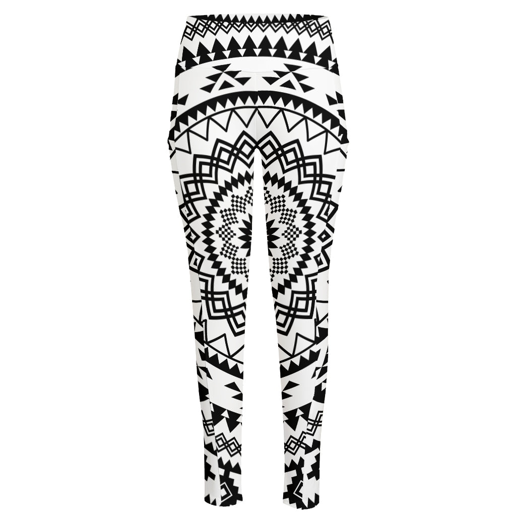 Black And White Tribal Mandala Print High-Waisted Pocket Leggings