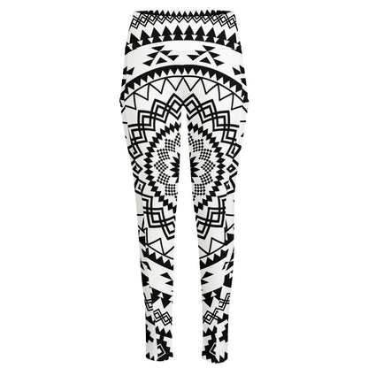 Black And White Tribal Mandala Print High-Waisted Pocket Leggings