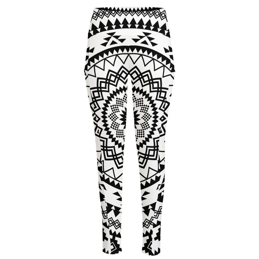 Black And White Tribal Mandala Print High-Waisted Pocket Leggings