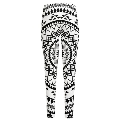 Black And White Tribal Mandala Print High-Waisted Pocket Leggings