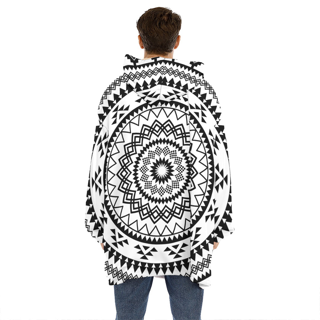 Black And White Tribal Mandala Print Hoodie Blanket