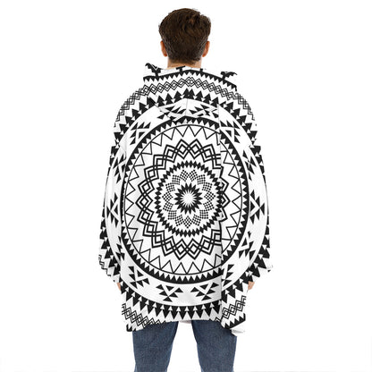 Black And White Tribal Mandala Print Hoodie Blanket