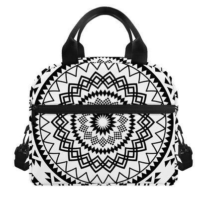 Black And White Tribal Mandala Print Insulated Lunch Bag