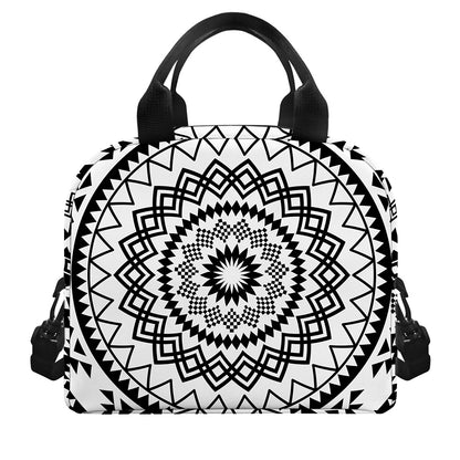 Black And White Tribal Mandala Print Insulated Lunch Bag