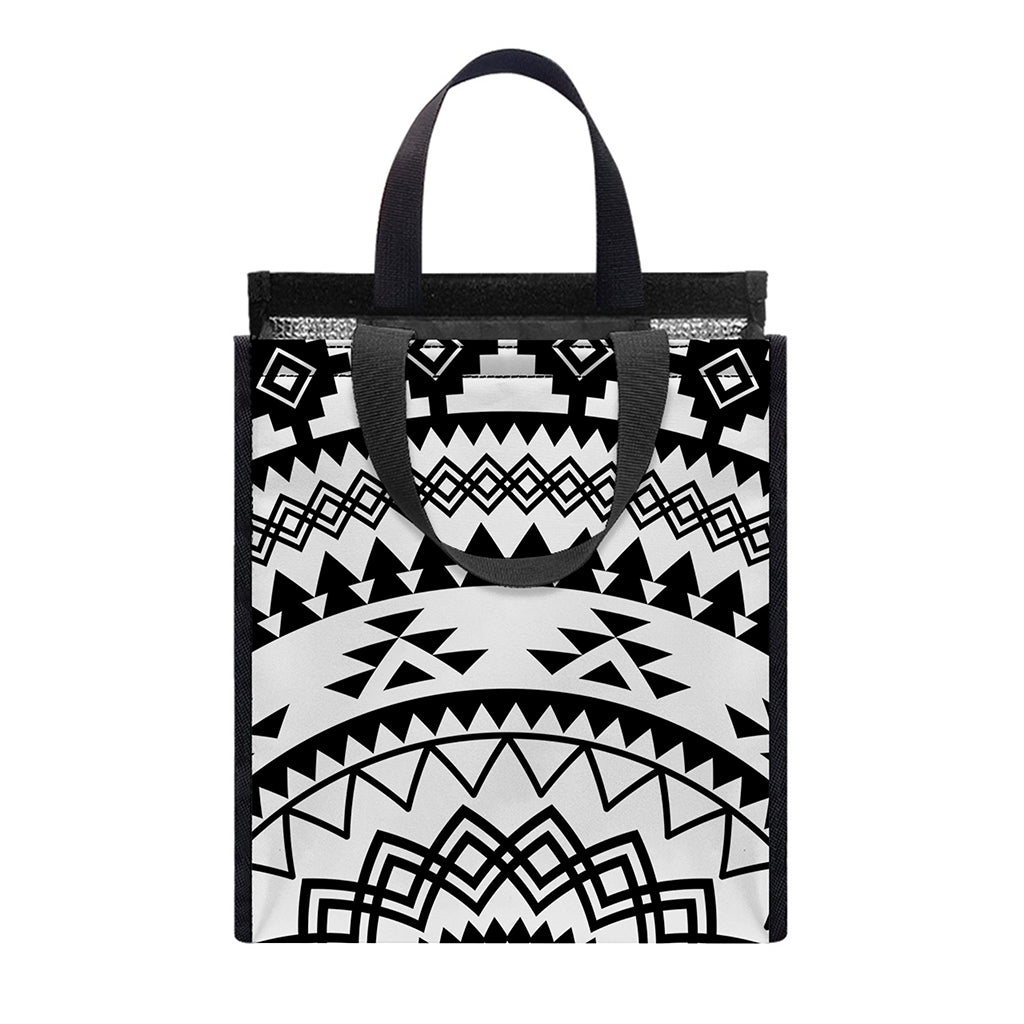 Black And White Tribal Mandala Print Insulated Lunch Tote
