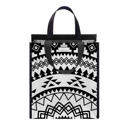 Black And White Tribal Mandala Print Insulated Lunch Tote