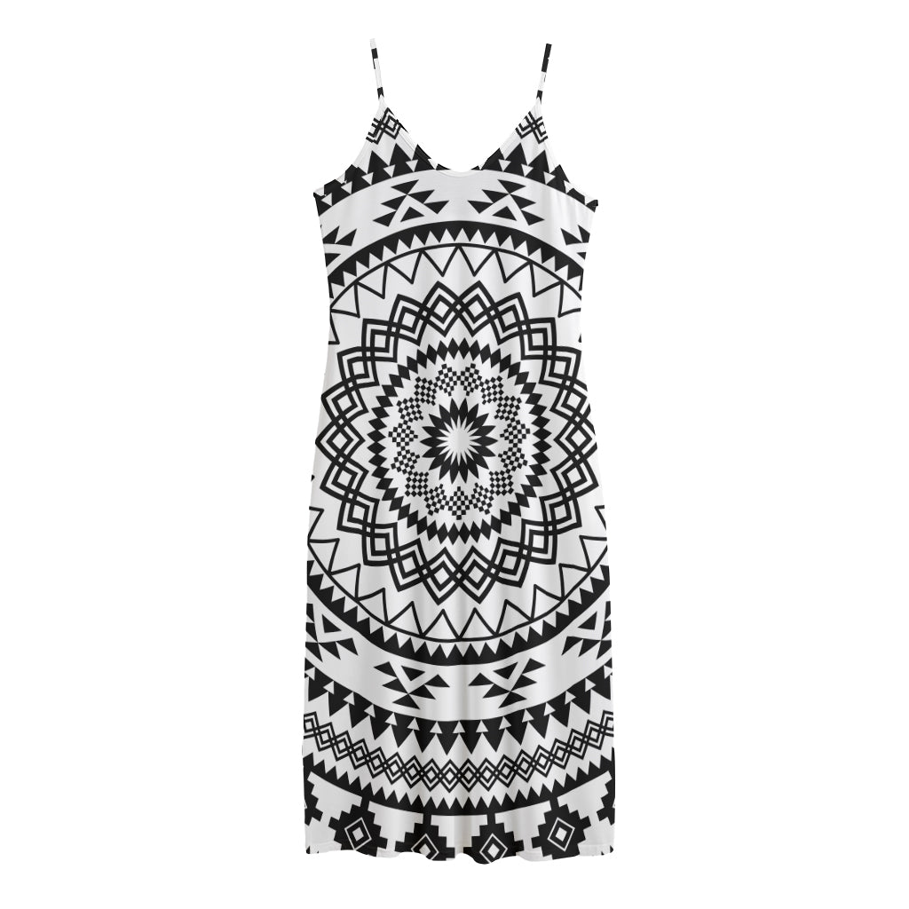 Black And White Tribal Mandala Print Jersey Midi Cami Dress