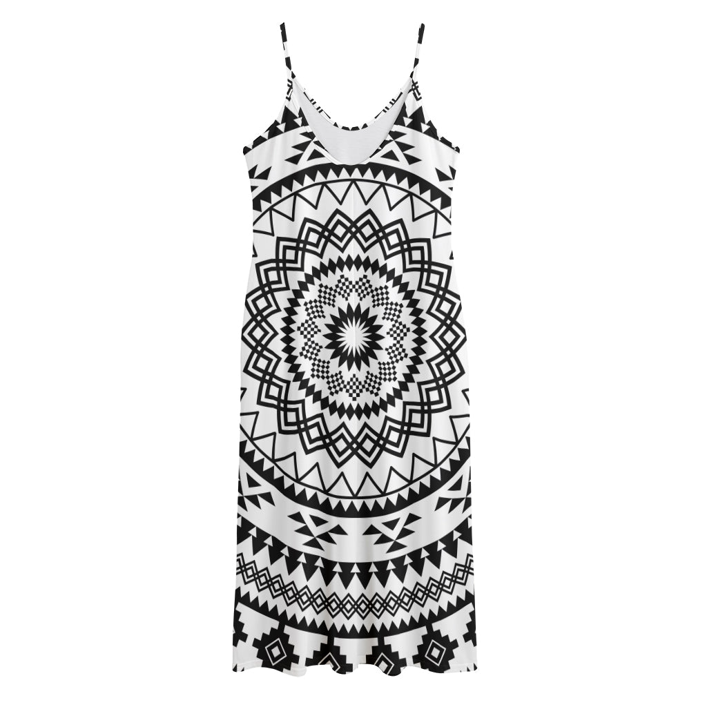 Black And White Tribal Mandala Print Jersey Midi Cami Dress