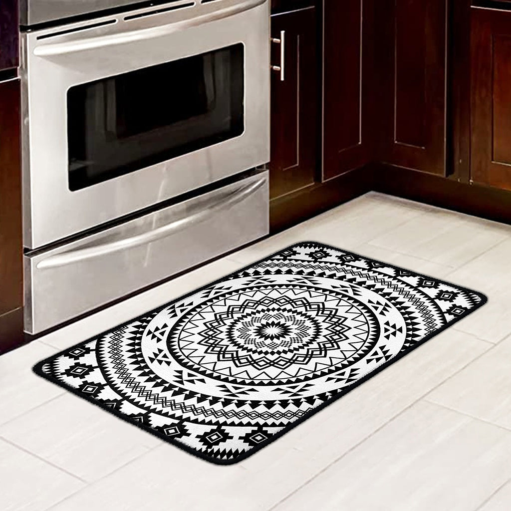 Black And White Tribal Mandala Print Kitchen Mat