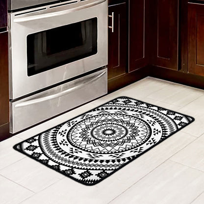 Black And White Tribal Mandala Print Kitchen Mat
