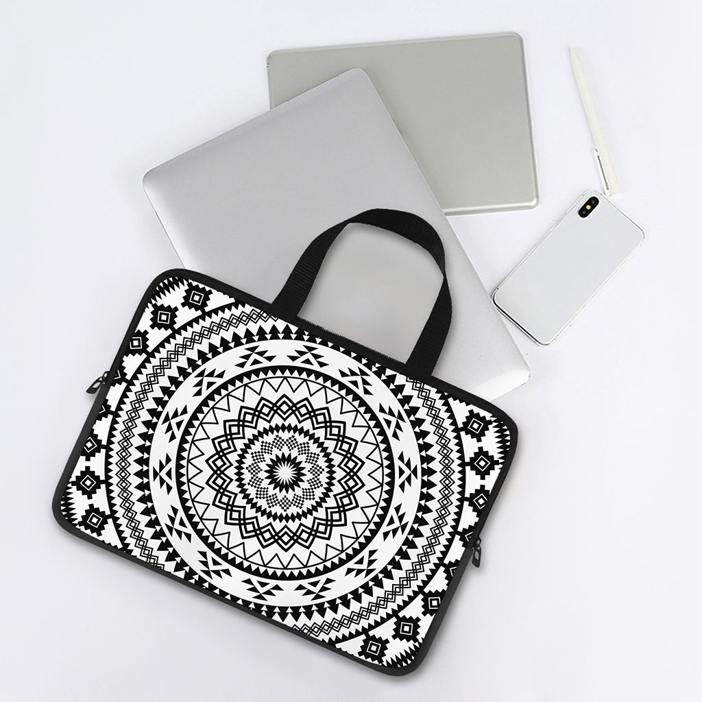 Black And White Tribal Mandala Print Laptop Sleeve With Handle