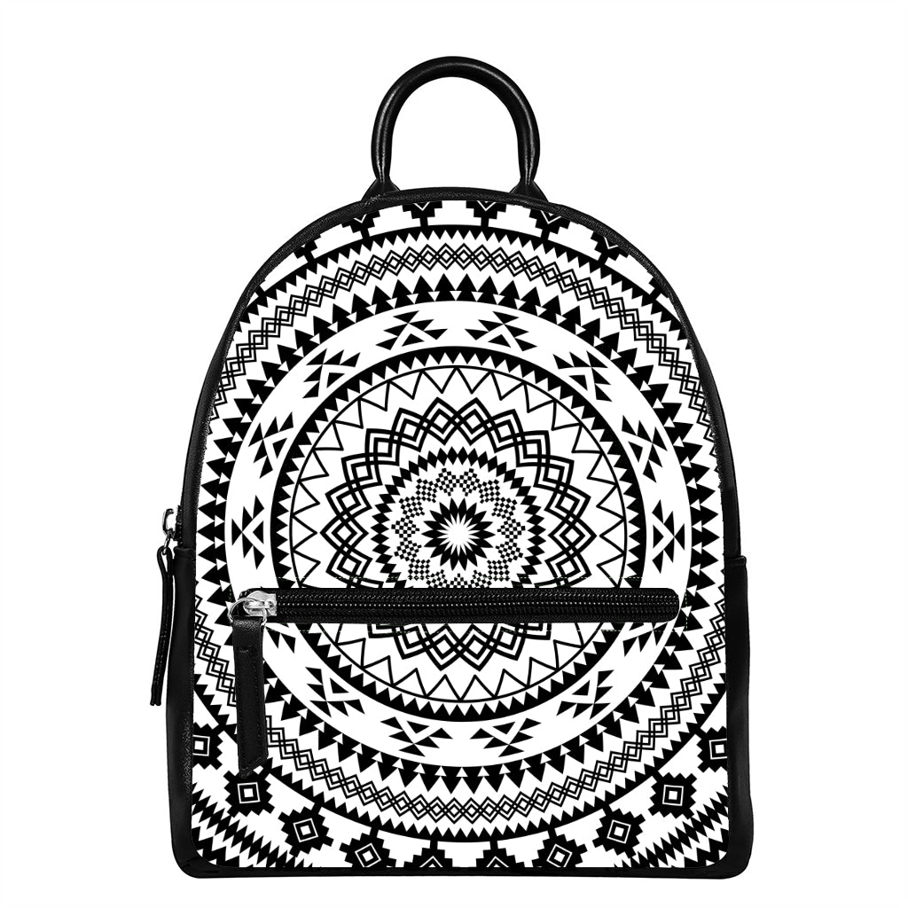 Black And White Tribal Mandala Print Leather Backpack