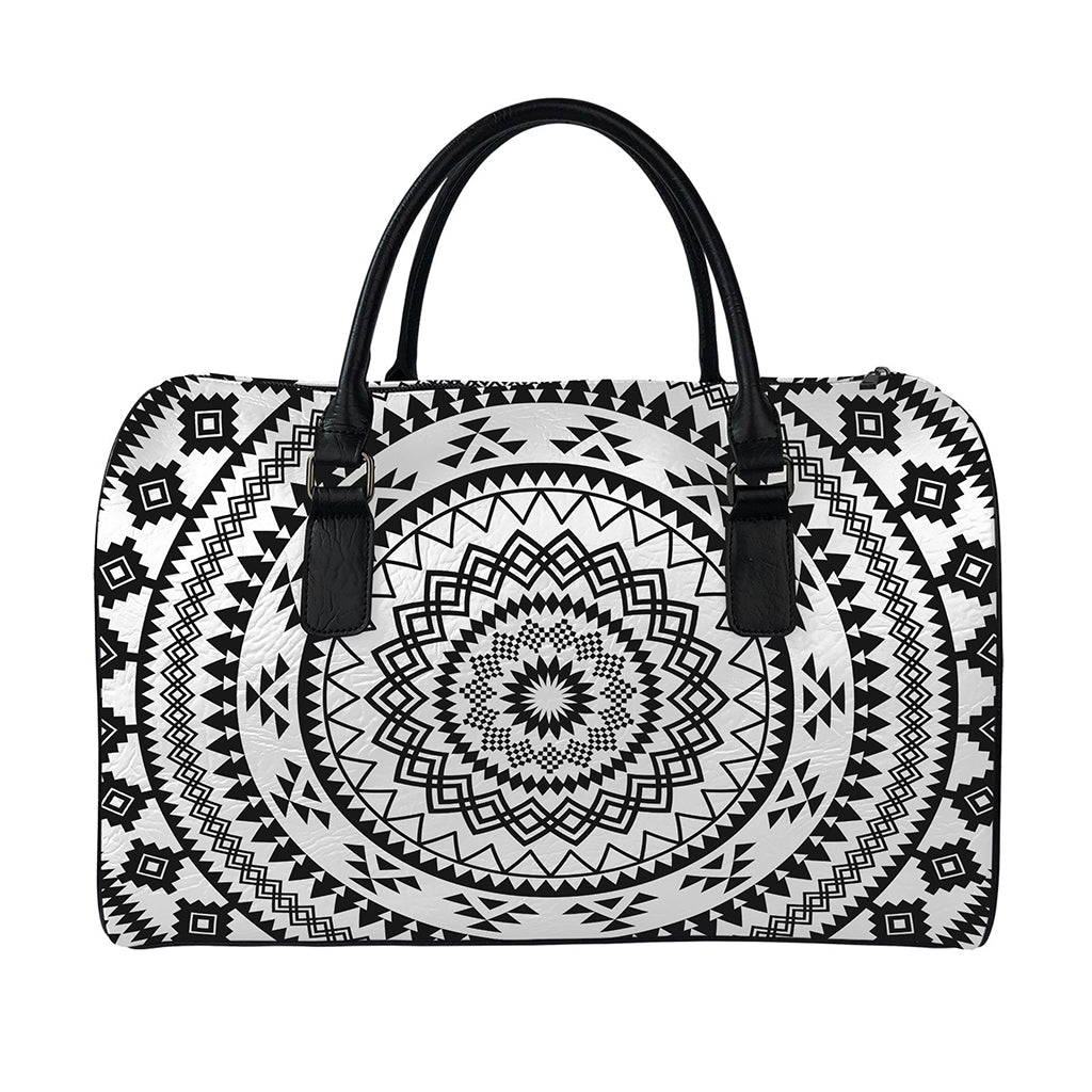 Black And White Tribal Mandala Print Leather Duffle Bag