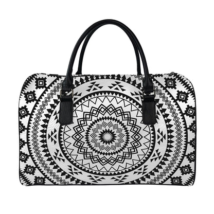 Black And White Tribal Mandala Print Leather Duffle Bag