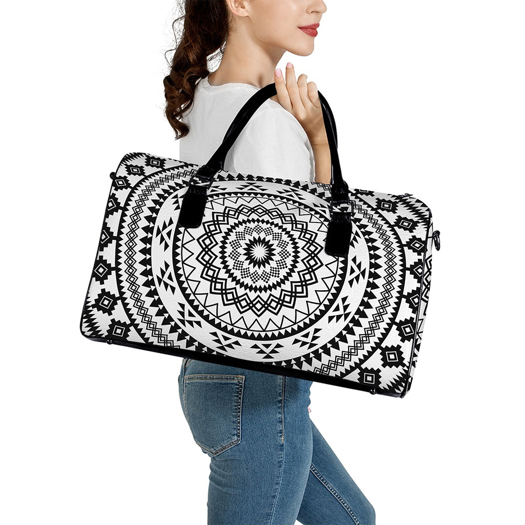 Black And White Tribal Mandala Print Leather Duffle Bag