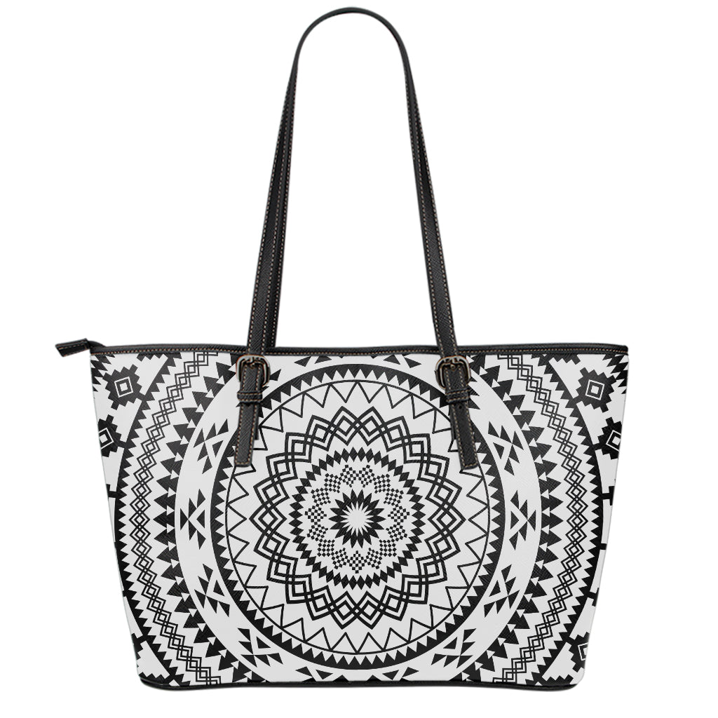 Black And White Tribal Mandala Print Leather Tote Bag