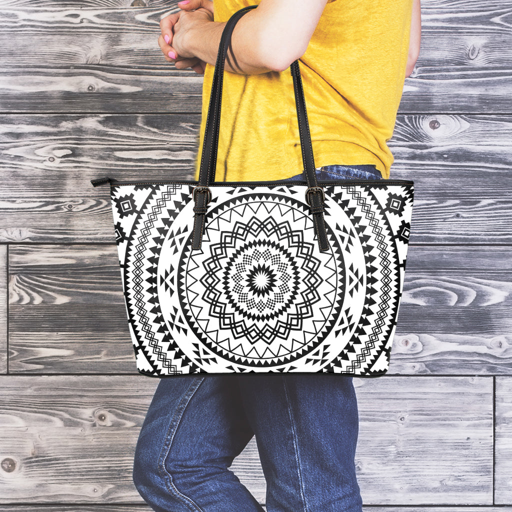 Black And White Tribal Mandala Print Leather Tote Bag