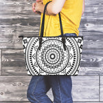 Black And White Tribal Mandala Print Leather Tote Bag