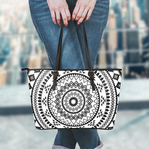 Black And White Tribal Mandala Print Leather Tote Bag