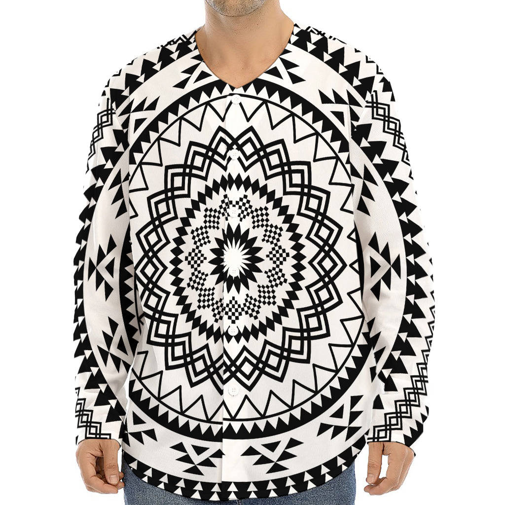 Black And White Tribal Mandala Print Long Sleeve Baseball Jersey