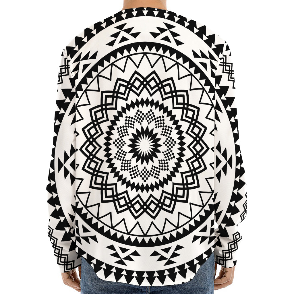 Black And White Tribal Mandala Print Long Sleeve Baseball Jersey