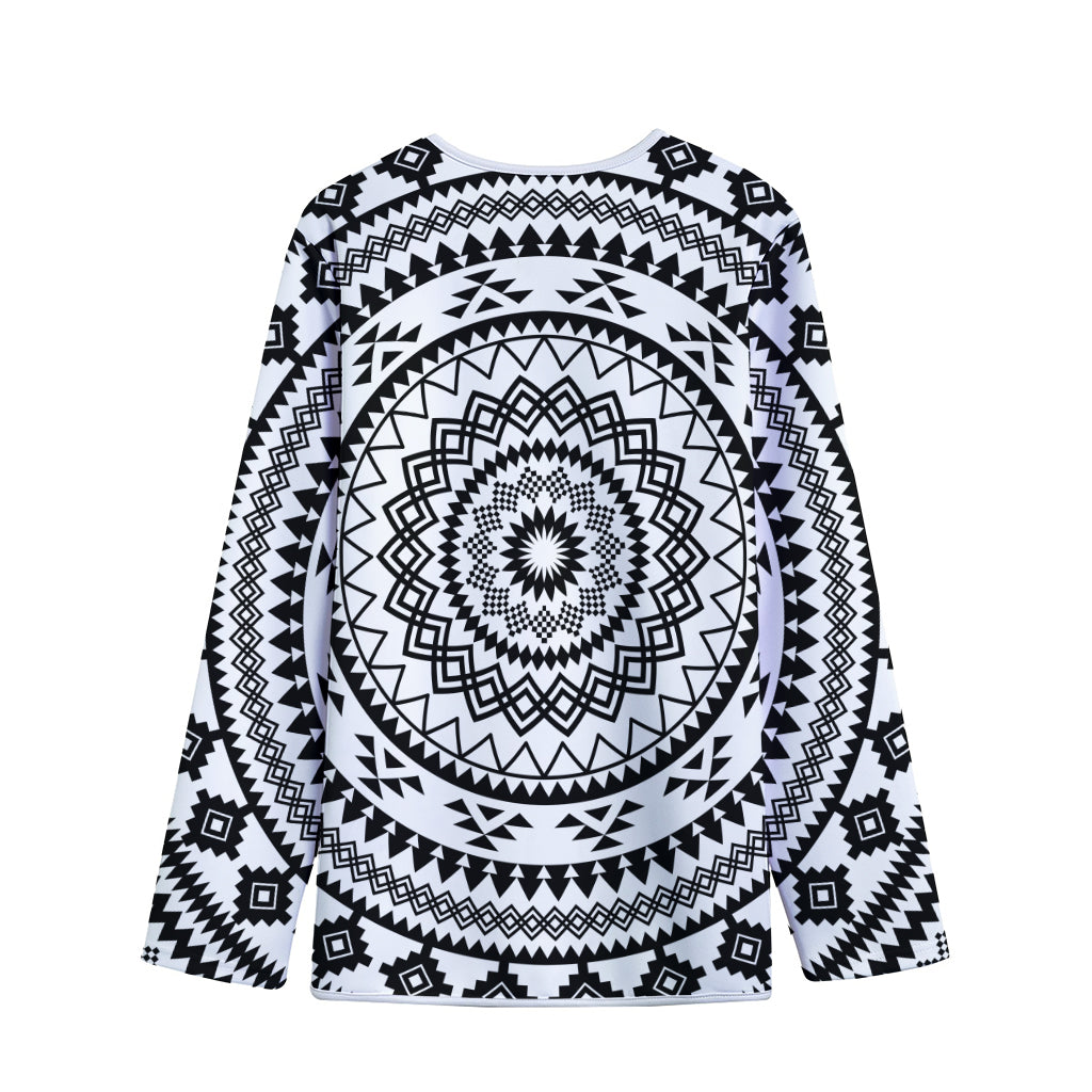 Black And White Tribal Mandala Print Long Sleeve Short Coat