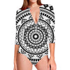 Black And White Tribal Mandala Print Long Sleeve Swimsuit