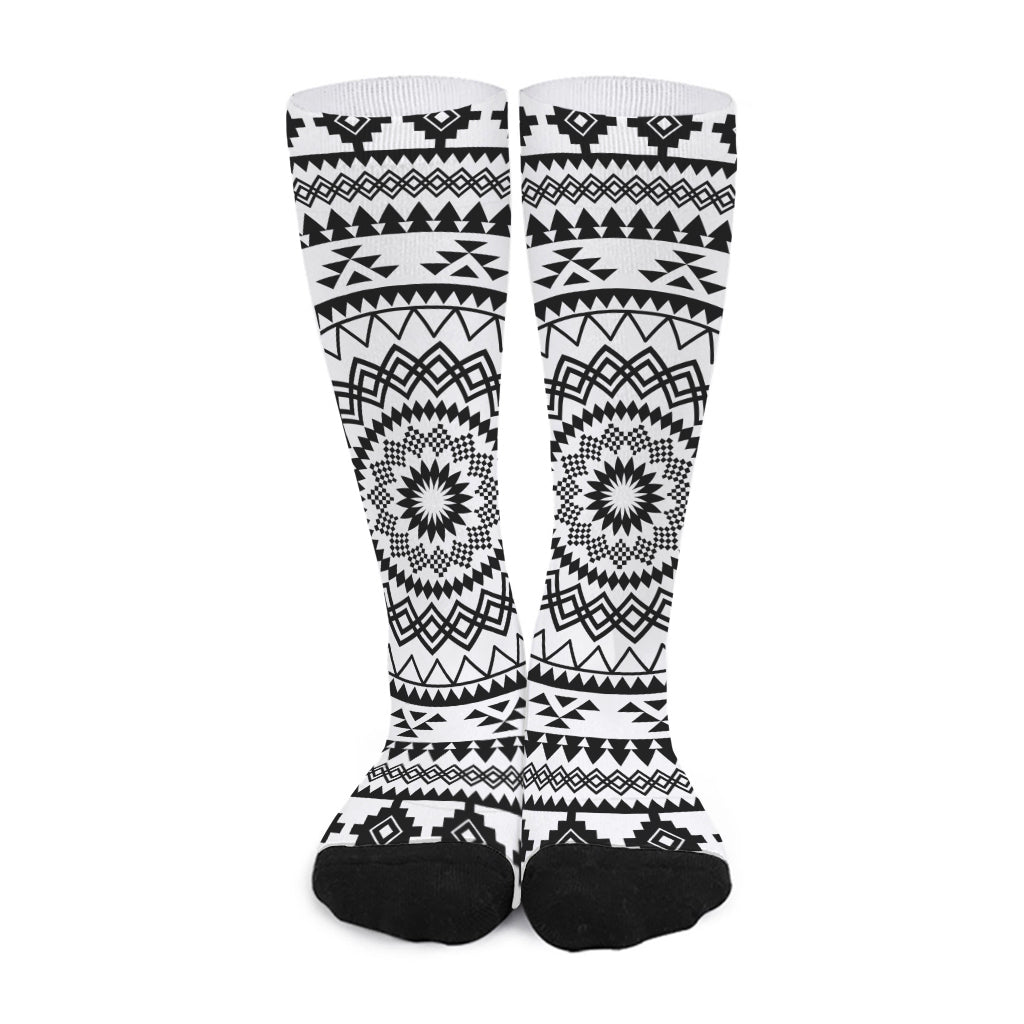 Black And White Tribal Mandala Print Long Socks