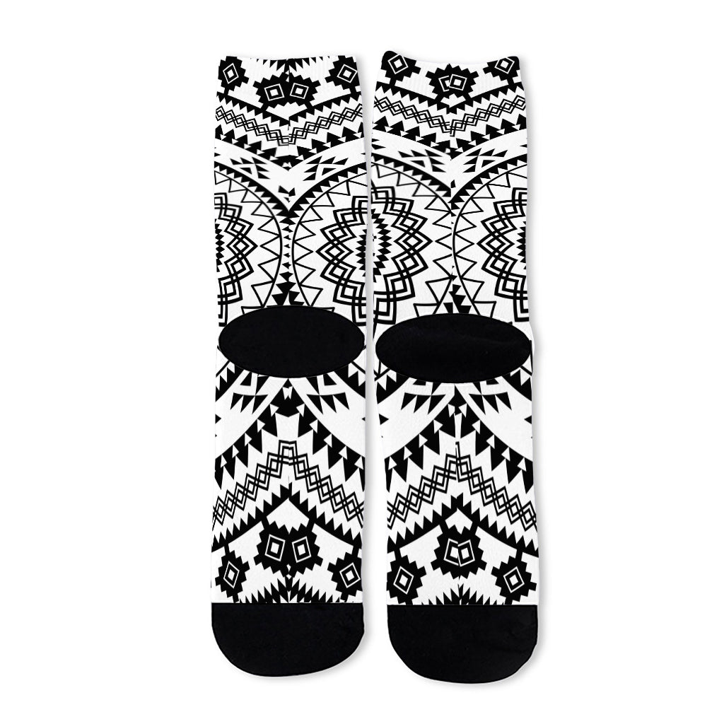 Black And White Tribal Mandala Print Long Socks