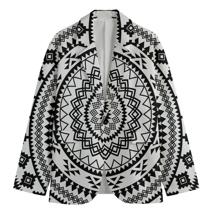Black And White Tribal Mandala Print Men's Cotton Blazer